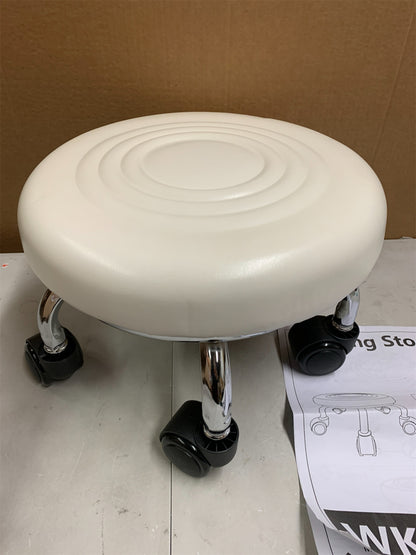 WKWKER Modern Roller Seat PU Leather Low Round Rolling Stool 360  Swivel Small Stool with Universal Caster Wheels Foot Stool for Home Office Garage Shop Fitness Sport H 8.4"  White