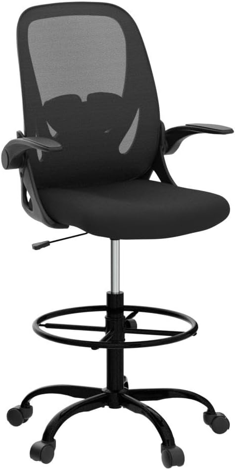 Drafting Chair Primy Tall Office Chair with Flip-up Armrests Executive Ergonomic Computer Standing Desk Chair with Lumbar Support and Adjustable Footrest Ring (Black)