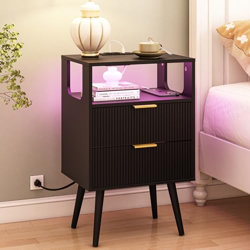 JOONEE Black Nightstand with Charging Station and LED Lights,Modern Bedside Table with 2 Storage Drawer and Open Wood Shelf, for Bedroom and Small Spaces,Night Stand with Solid Wood Legs, Black