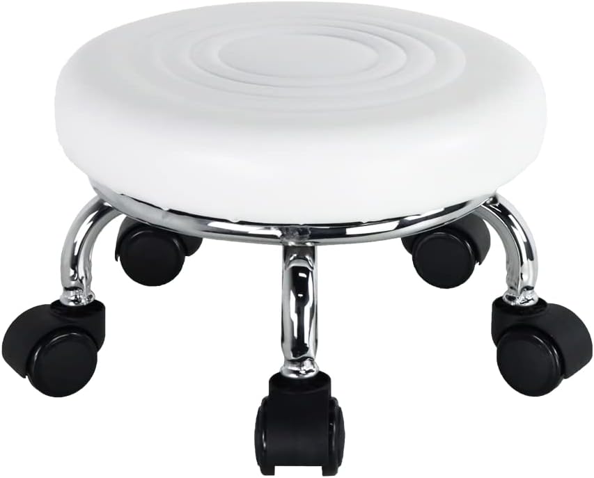 WKWKER Modern Roller Seat PU Leather Low Round Rolling Stool 360  Swivel Small Stool with Universal Caster Wheels Foot Stool for Home Office Garage Shop Fitness Sport H 8.4"  White