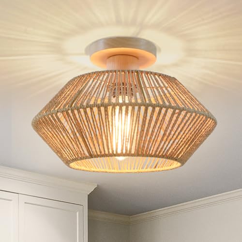 WBinDX Boho Rattan Ceiling Light Fixture, 12.8'' Hand-Woven Cage Semi Flush Mount Bedroom Chandelier, Farmhouse Natural Mini Ceiling Lamp for Kitchen Nursery Corridor Hallway Entryway Passway