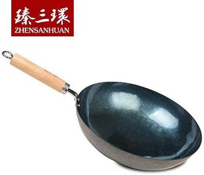 ZhenSanHuan Chinese Hand Hammered Iron Pow Woks and Stir Fry Pans Wooden Handle (Seasoned 34CM)