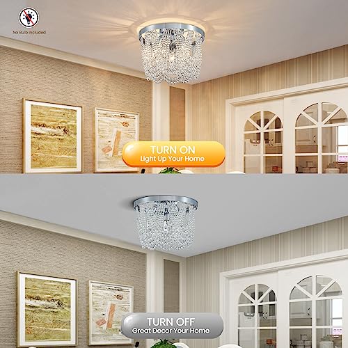 Majhoiw Modern Crystal Chandelier Ceiling Light Fixture, Flush Mount Ceiling Light Round Farmhouse 3-Light, Brushed Nickel Boho for Bedroom Hallway Entryway Dining Room Kitchen 12.6