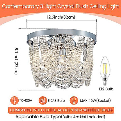 Majhoiw Modern Crystal Chandelier Ceiling Light Fixture, Flush Mount Ceiling Light Round Farmhouse 3-Light, Brushed Nickel Boho for Bedroom Hallway Entryway Dining Room Kitchen 12.6