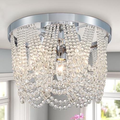 Majhoiw Modern Crystal Chandelier Ceiling Light Fixture, Flush Mount Ceiling Light Round Farmhouse 3-Light, Brushed Nickel Boho for Bedroom Hallway Entryway Dining Room Kitchen 12.6