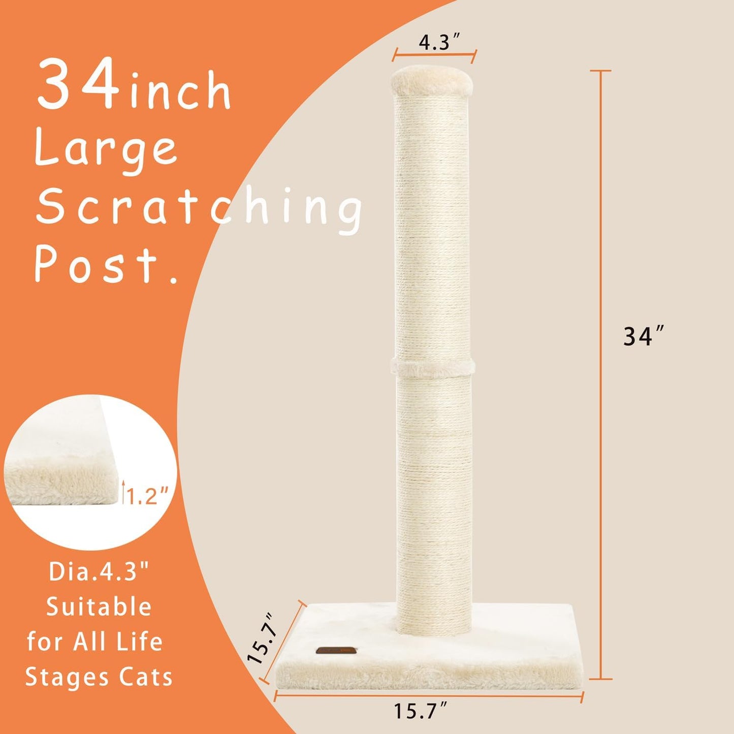 GREY Karolpar 34inch Cat Scratching Post with Natural Sisal Rope 4.3Inch Large Diameter Scratcher Post Tree for Indoor Cats