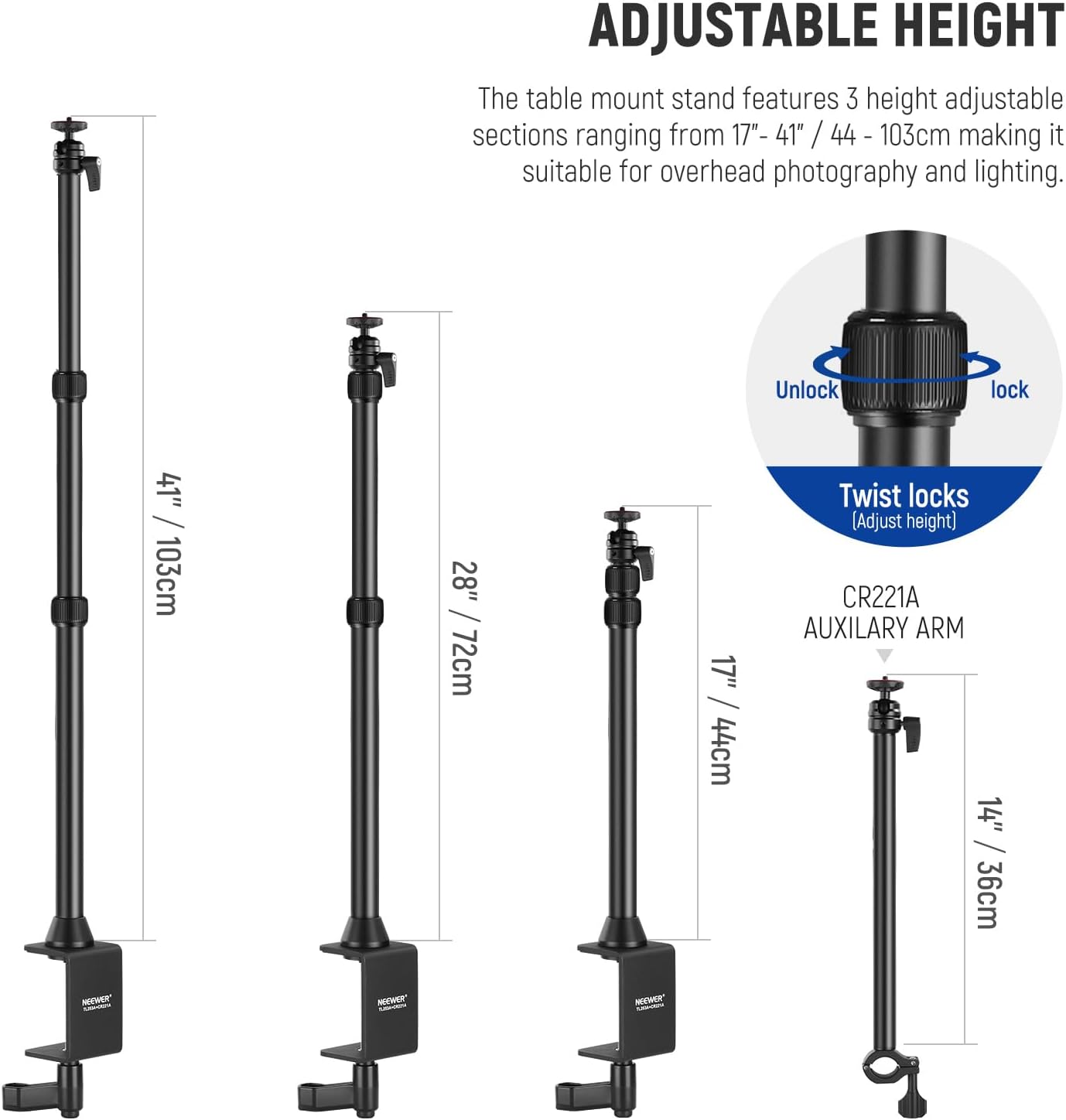 NEEWER Camera Desk Mount with Overhead Camera Mounting Arm and 1/4" Ball Head, 17" - 41" Adjustable Tabletop Light Stand with C Clamp for DSLR Camera, Phone, Ring Light, Webcam, Photo Video Shooting