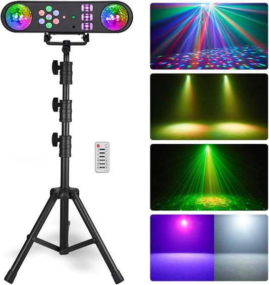 Party Light DJ Light, GZhuoNan 5 in 1 Led DJ Stand Light System with Kaleidoscope Ball, RGB Led Par Light, Red Green Pattern, Strobe/UV Effect, Portable T-bar Kit for Gig Disco DJ Stage Lighting