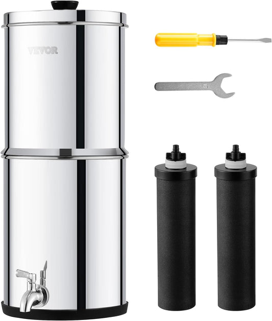 VEVOR Water Filter System, 1.5G 304 Stainless-Steel Countertop System, Water Filtration System, Reduces Lead and up to 99% of Chlorine, with 2 Carbon Filters & Spigot, for Home Camping RV