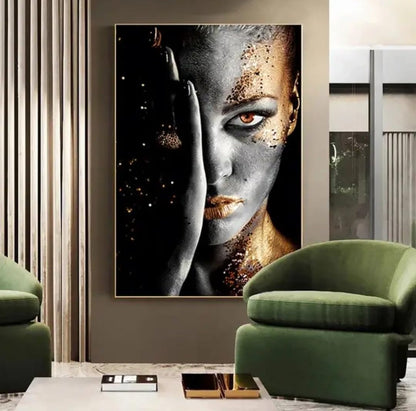 Aluminum Framed Gold Art Makeup Woman Fashion Aestetic Wall Decor (Framed-Large)