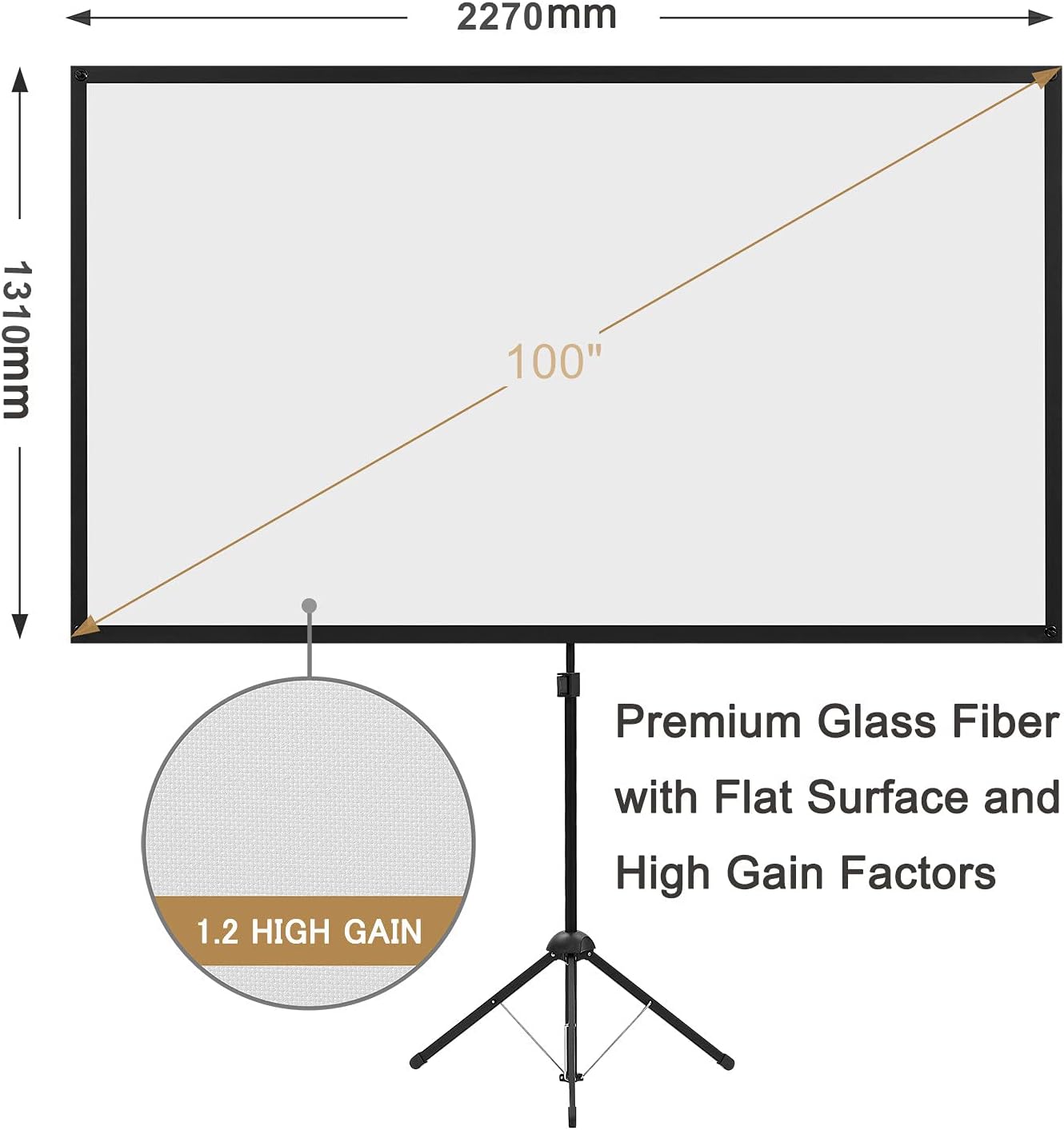 Projector Screen with Stand, 100 Inch Outdoor Projector Screen 16:9 and Tripod Stand, Portable Projector Screen with 1.2 Gain, Lightweight and Compact, Easy Setup, Idea for Home Cinema, Backyard Party