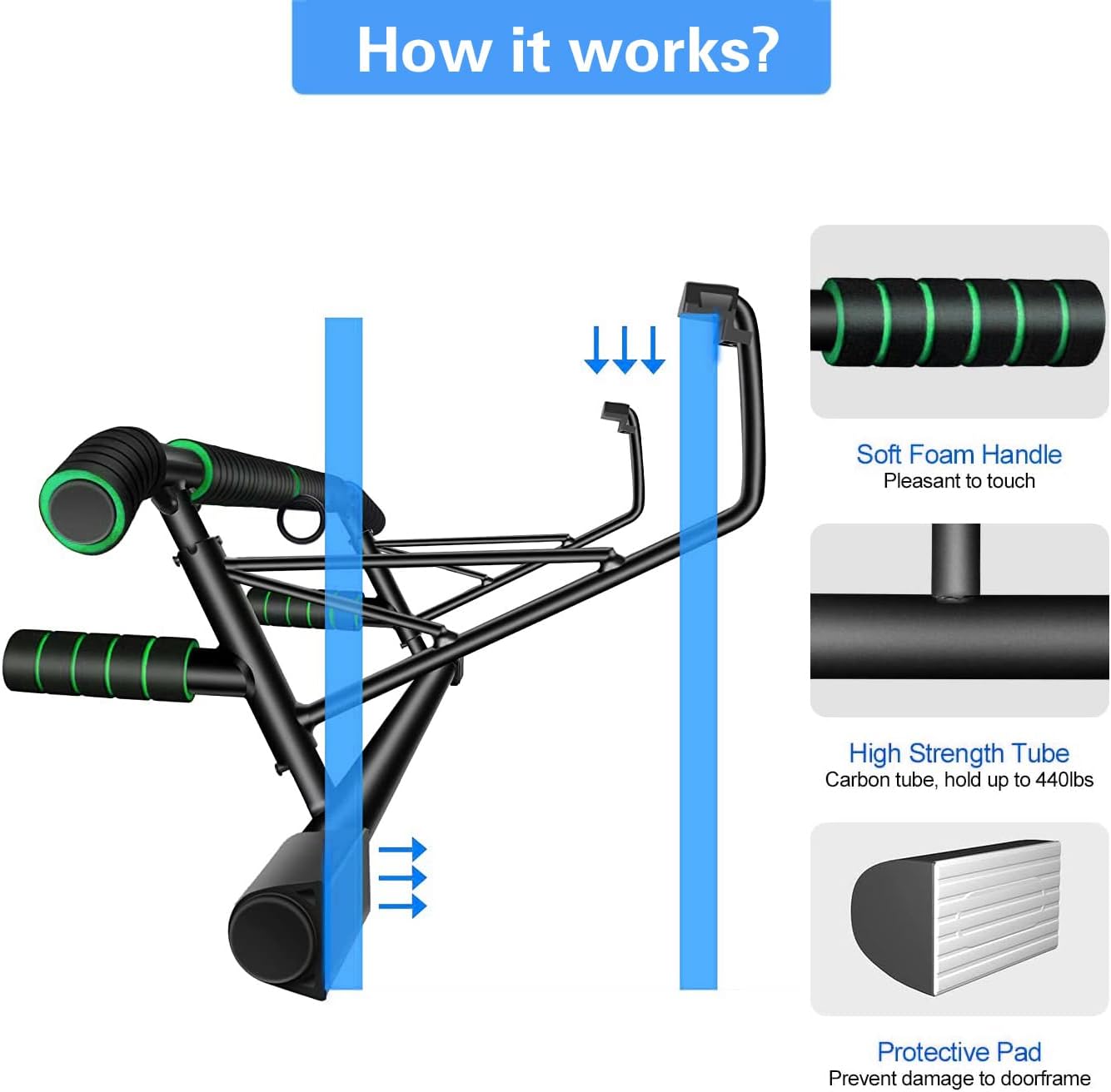 HAKENO Pull Up Bar only Doorway Fitness Chin-Up Bar Frame for Home Gym Exercise with Shortened Handle Bar & Professional Training Straps Set