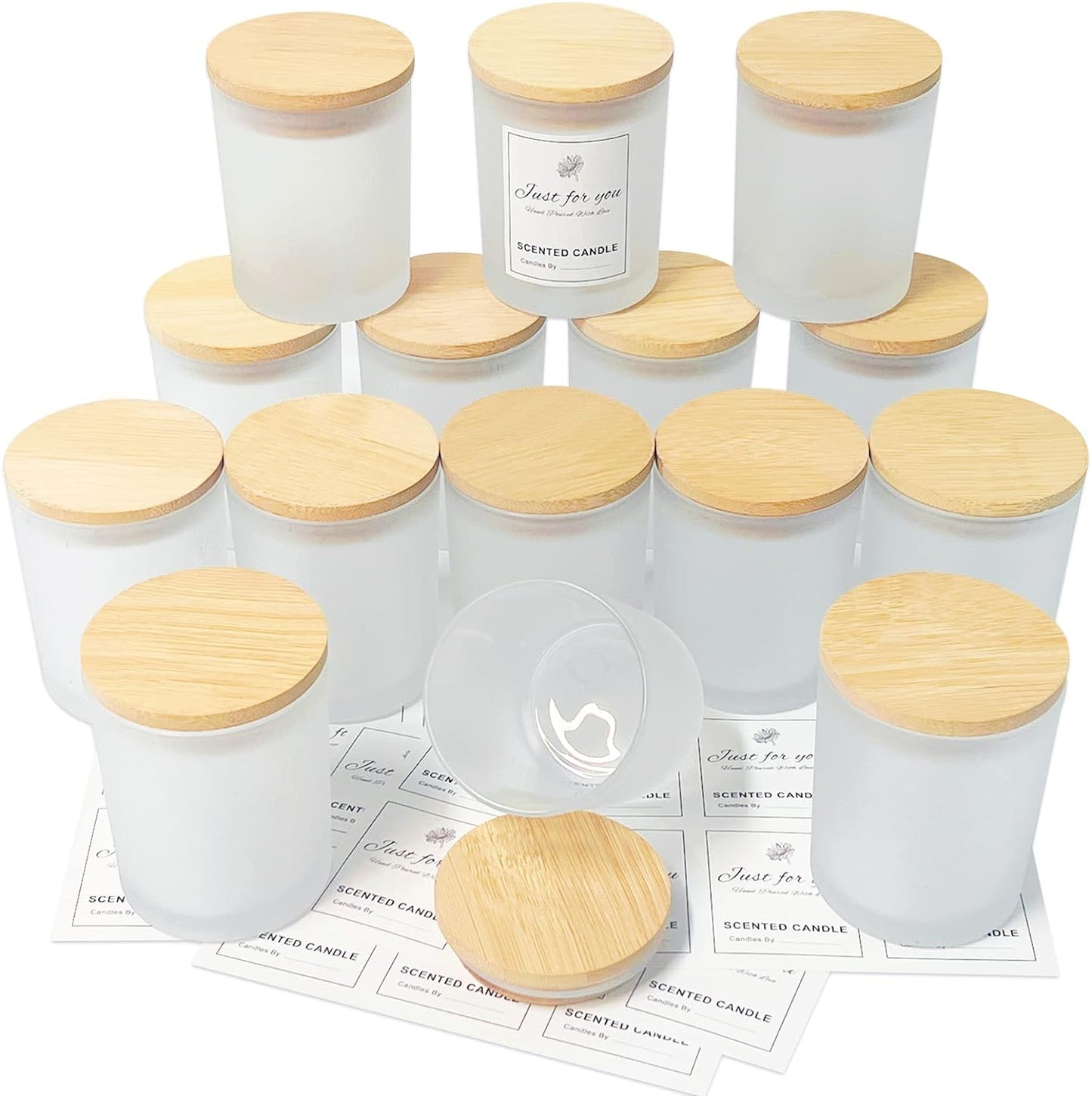 CONNOO 15 Pack 7 OZ Frosted Empty Candle Jars with Bamboo Lids and Sticky Labels for Making Candles - Thick Glass Candle Jars in Bulk with Lids. Dishwasher Safe.