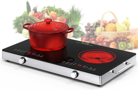 VBGK Electric Cooktop,120V 2400W Electric Stove Top with Knob Control,9 Power Levels, Kids Lock & Timer, Hot Surface Indicator, Overheat Protection,12 Inch Built-in Radiant Double Induction Cooktop