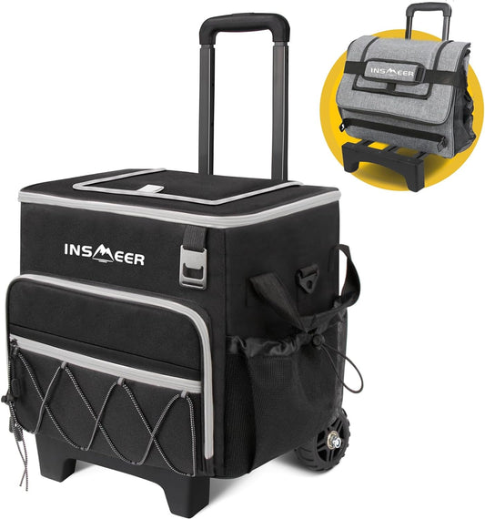 INSMEER 55 Can Collapsible Soft Cooler with Wheels and Handle, Leakproof Insulated Rolling Cooler with All-Terrain Cart, Portable Large Travel Cooler Bags for Beach, Camping, Picnic, Grocery Shopping