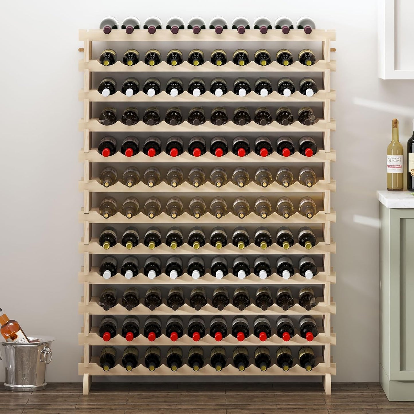 sogesfurniture Floor Wine Racks, Stackable Modular Wine Rack Large Wine Storage Rack Free Standing Solid Natural Wood Wine Holder Display Shelves, (Natural, 10 X 12 Rows (120 Slots)), BHCA-BY-WS120