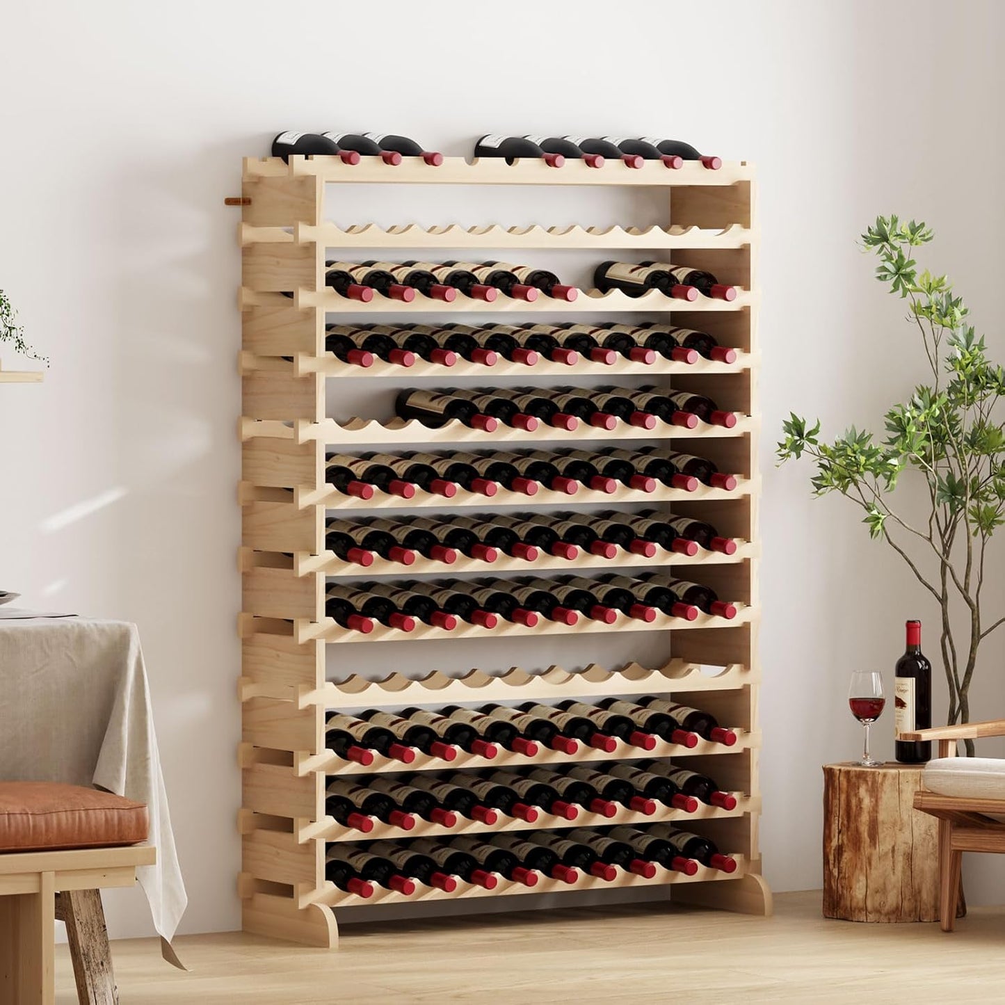 sogesfurniture Floor Wine Racks, Stackable Modular Wine Rack Large Wine Storage Rack Free Standing Solid Natural Wood Wine Holder Display Shelves, (Natural, 10 X 12 Rows (120 Slots)), BHCA-BY-WS120