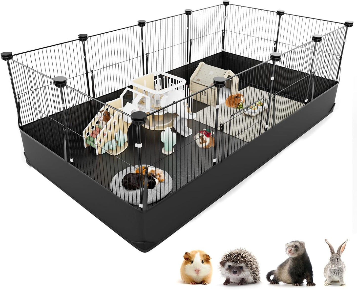 XiaZ Guinea Pig Cage with Waterproof PVC Bottom Liner & One-Hand Release Hook, Triple Fixing C&C Cage for Guinea Pigs, Bunny, Rabbit, Hedgehog, Small Animal Indoor Playpen 48''L x 24''W x 16''H