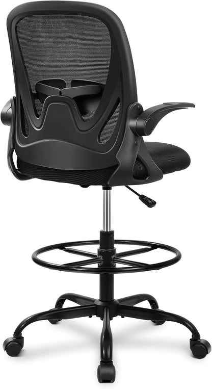 Drafting Chair Primy Tall Office Chair with Flip-up Armrests Executive Ergonomic Computer Standing Desk Chair with Lumbar Support and Adjustable Footrest Ring (Black)