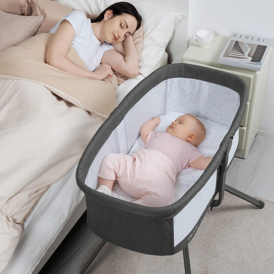 ANGELBLISS 3 in 1 Rocking Bassinet & Baby Portable Travel Bassinet Bedside Crib, Side to Side Manual Rocking Motion Bassinet, Mattress Included (Black)