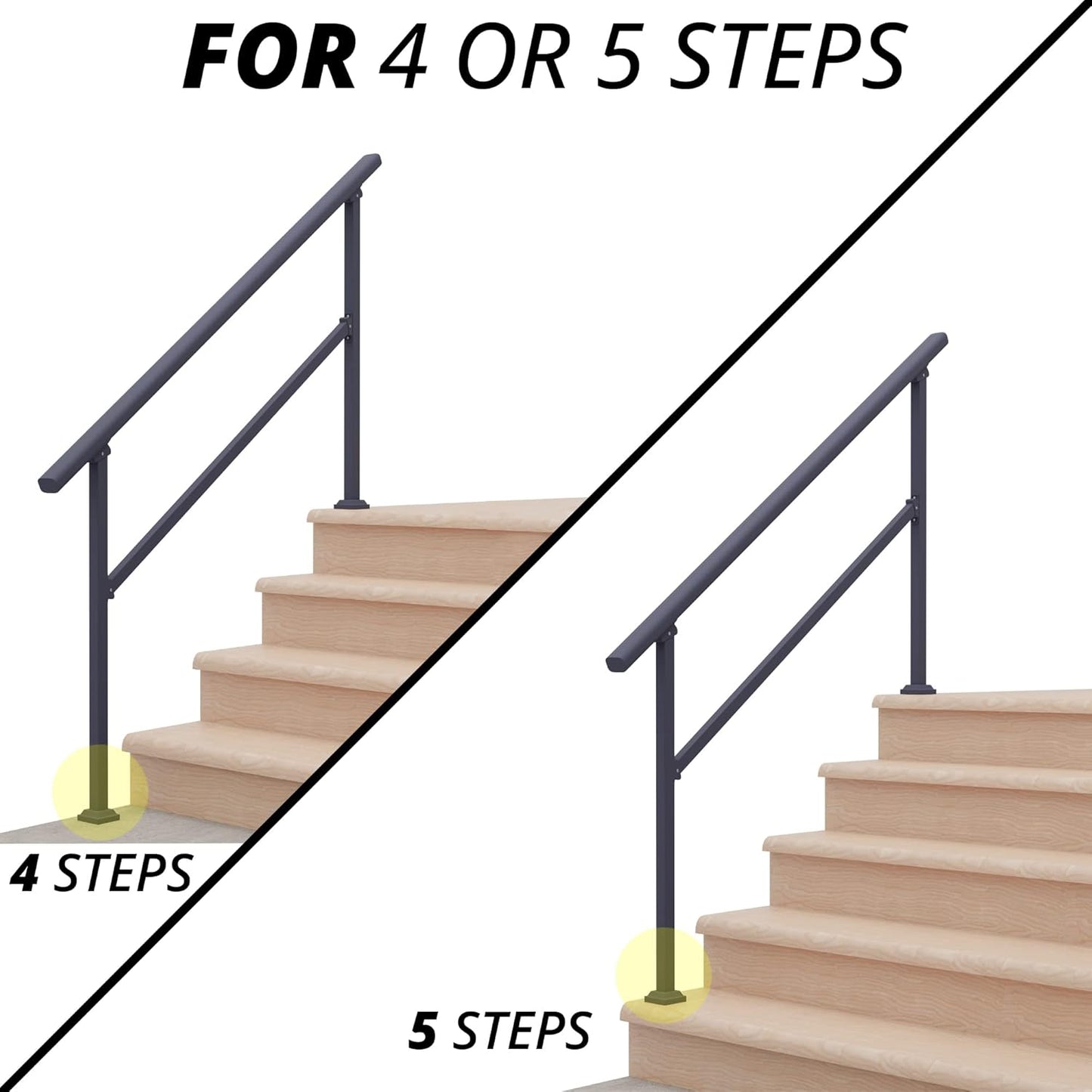 CHR 5 Steps Outdoor Hand Rails for Steps, Black Wrought Iron Handrail Kit (4-5 Steps, Handrail) with Connector