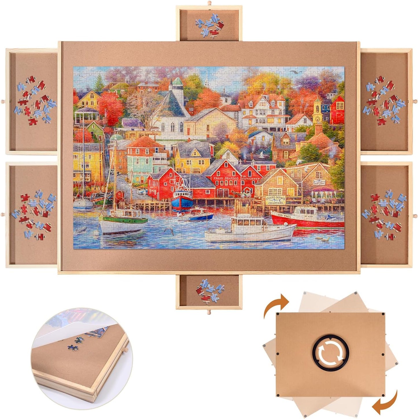 ANNLOV 1500 Pieces Rotating Puzzle Board, 27'' X 35'' Jigsaw Puzzle Table with 6 Drawers & Cover, Portable Wooden Lazy Susan Spinning Puzzle Organizer Trays, Great for Adults Kids