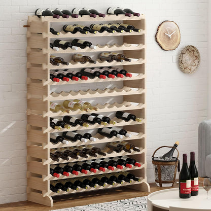 sogesfurniture Floor Wine Racks, Stackable Modular Wine Rack Large Wine Storage Rack Free Standing Solid Natural Wood Wine Holder Display Shelves, (Natural, 10 X 12 Rows (120 Slots)), BHCA-BY-WS120