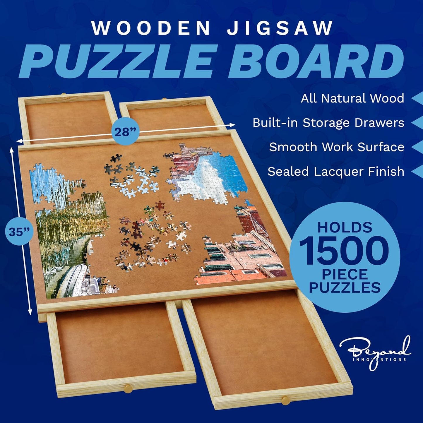 1500 Piece Wooden Jigsaw Puzzle Table - 4 Drawers, Rotating Puzzle Board | 35” X 28” Jigsaw Puzzle Board | Puzzle Cover Included - Portable Puzzle Tables for Adults and Kids by Beyond Innoventions