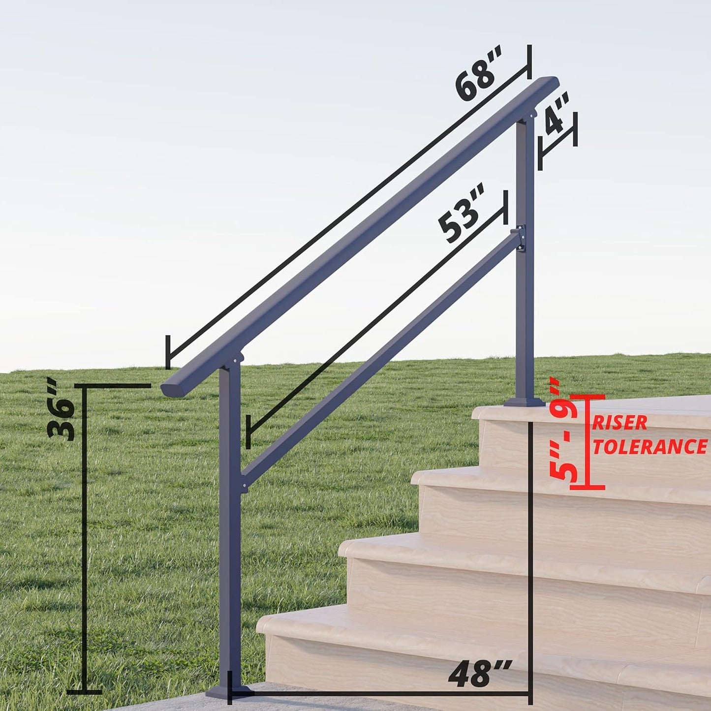 CHR 5 Steps Outdoor Hand Rails for Steps, Black Wrought Iron Handrail Kit (4-5 Steps, Handrail) with Connector