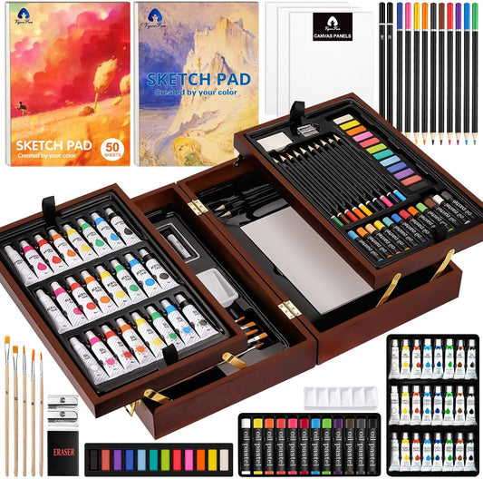 Vigorfun Art Set in Wooden Case, with Soft & Oil Pastels, Acrylic & Watercolor Paints, Water Color, Sketching, Charcoal & Colored Pencils, Watercolor Cakes and Tools