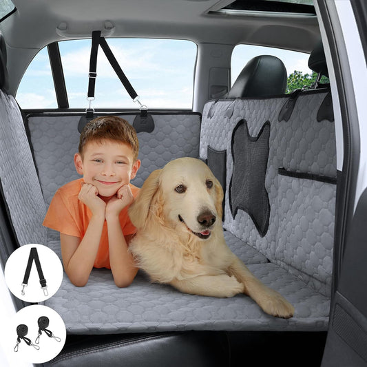 Rengue Dog Car Seat Cover for Back Seat, Pets Protector Hammock Waterproof Back Seat Extender with Mesh Window and Storage Pocket Dog Car Hammock with Universal Size for Cars/Trucks/SUV