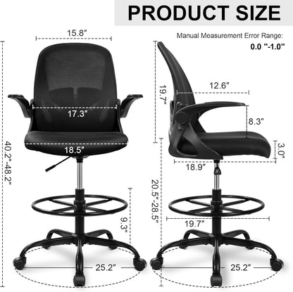 Drafting Chair Primy Tall Office Chair with Flip-up Armrests Executive Ergonomic Computer Standing Desk Chair with Lumbar Support and Adjustable Footrest Ring (Black)