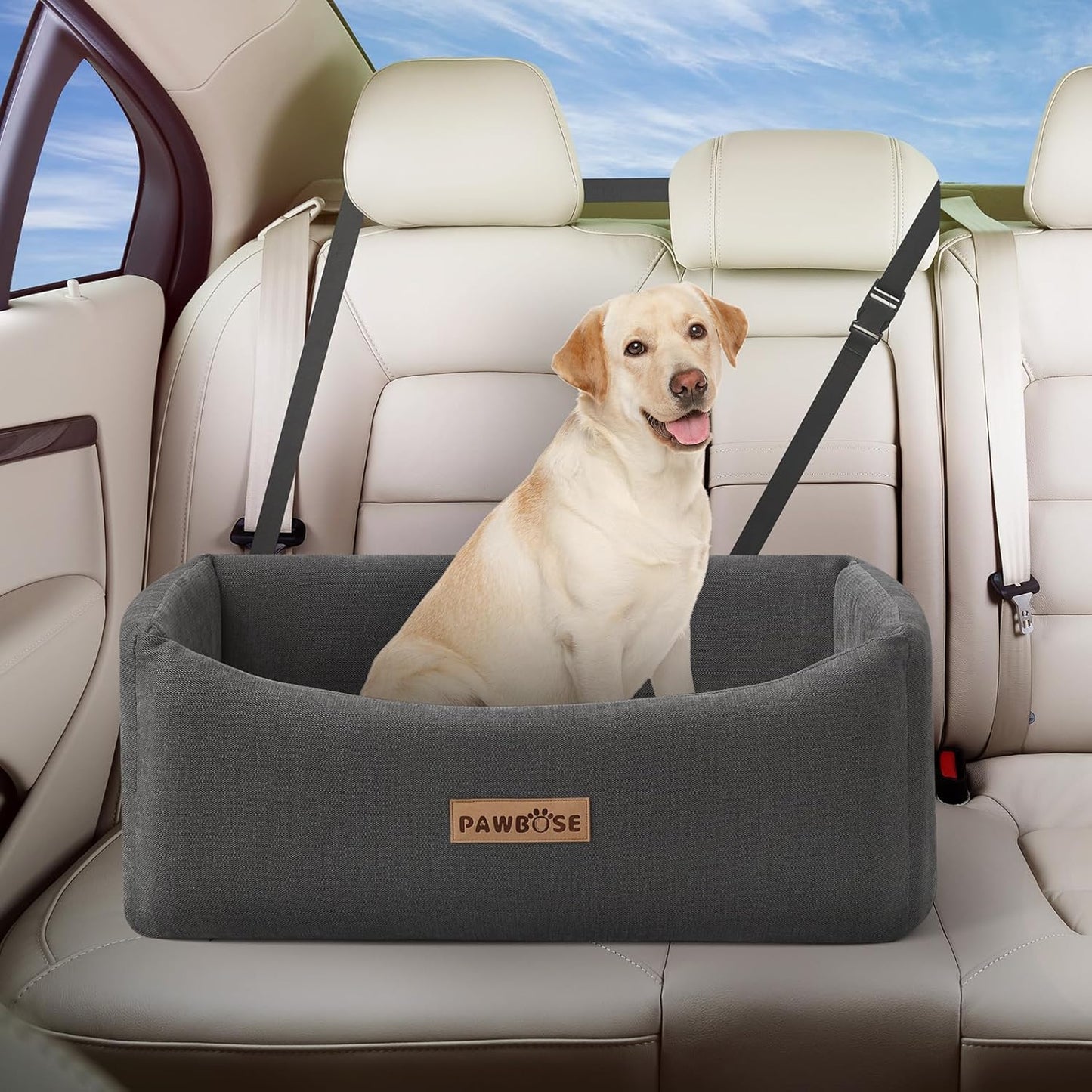 PAWBOSE Dog Car Seat for Large Dogs, Dog Booster Seat for Dogs Under 55Lbs or 2 Small Dogs, Detachable and Washable Travel Dog Bed with Thick Cushion, Grey Elevated Pet Car Seat