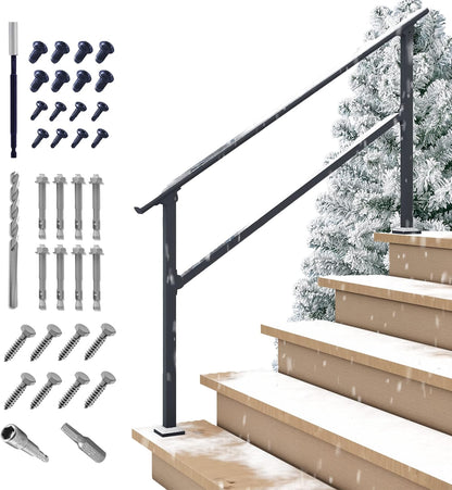 CHR 5 Steps Outdoor Hand Rails for Steps, Black Wrought Iron Handrail Kit (4-5 Steps, Handrail) with Connector