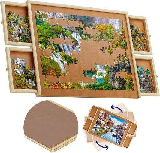 1500 Piece Wooden Jigsaw Puzzle Table - 4 Drawers, Rotating Puzzle Board | 35” X 28” Jigsaw Puzzle Board | Puzzle Cover Included - Portable Puzzle Tables for Adults and Kids by Beyond Innoventions