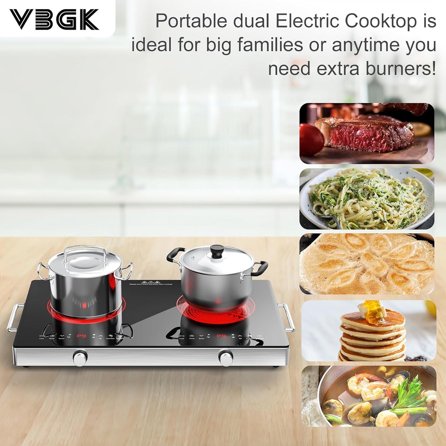 VBGK Electric Cooktop,120V 2400W Electric Stove Top with Knob Control,9 Power Levels, Kids Lock & Timer, Hot Surface Indicator, Overheat Protection,12 Inch Built-in Radiant Double Induction Cooktop