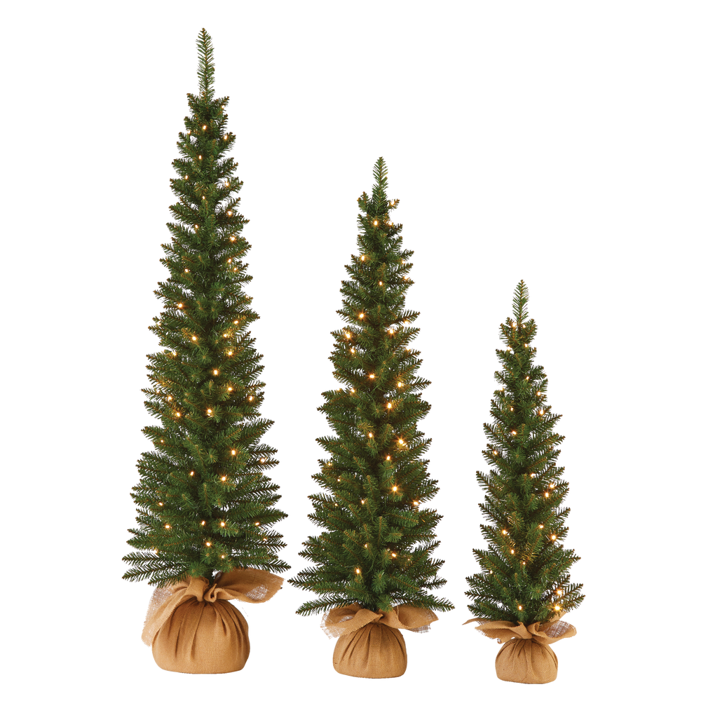 NOMA Pre-Lit Carlisle Potted Christmas Tree Set with Burlap, White LED Lights, 3-pc